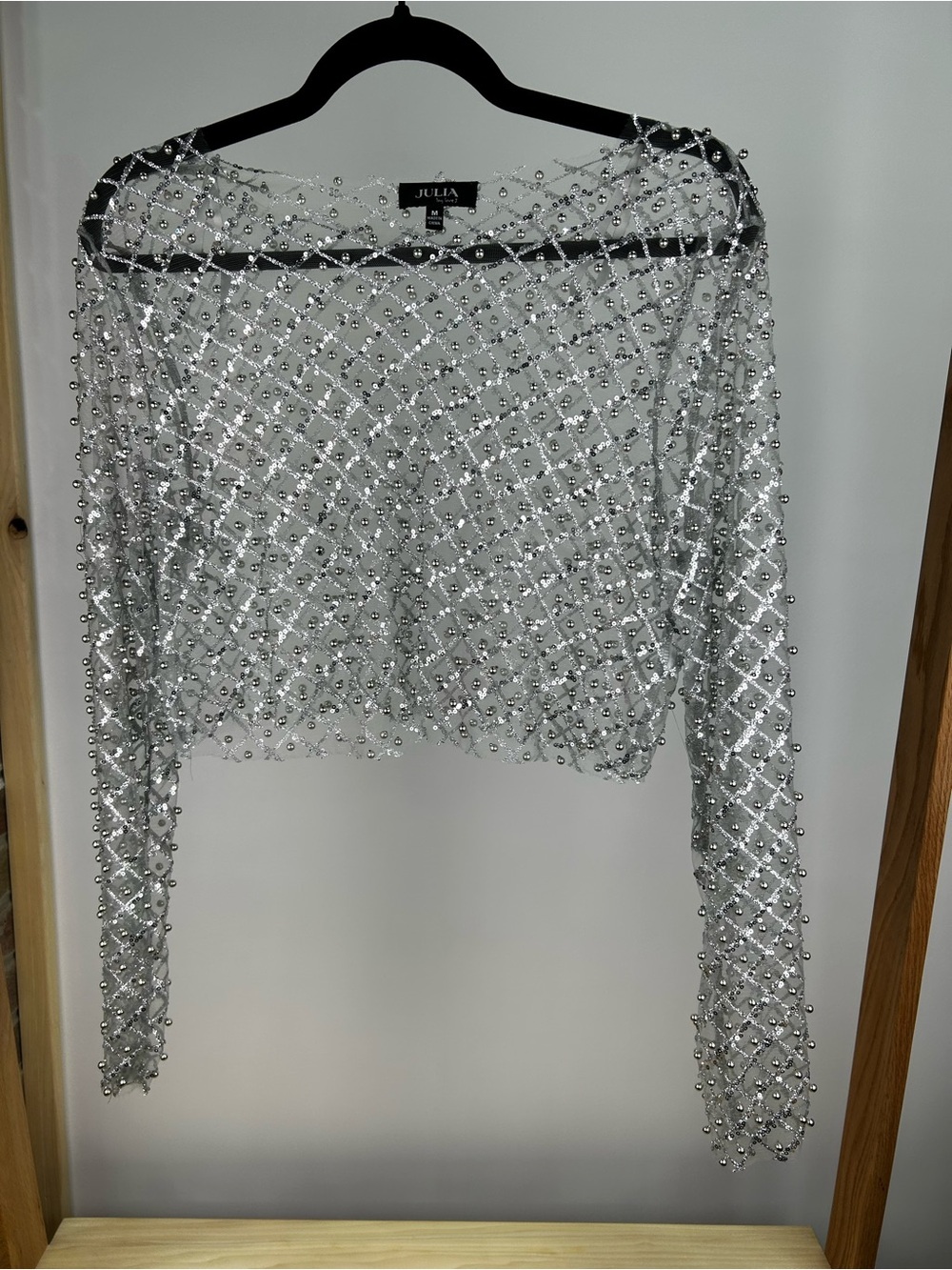 NWOT Love J Silver Beaded Mesh Long-Sleeve Crop Top
